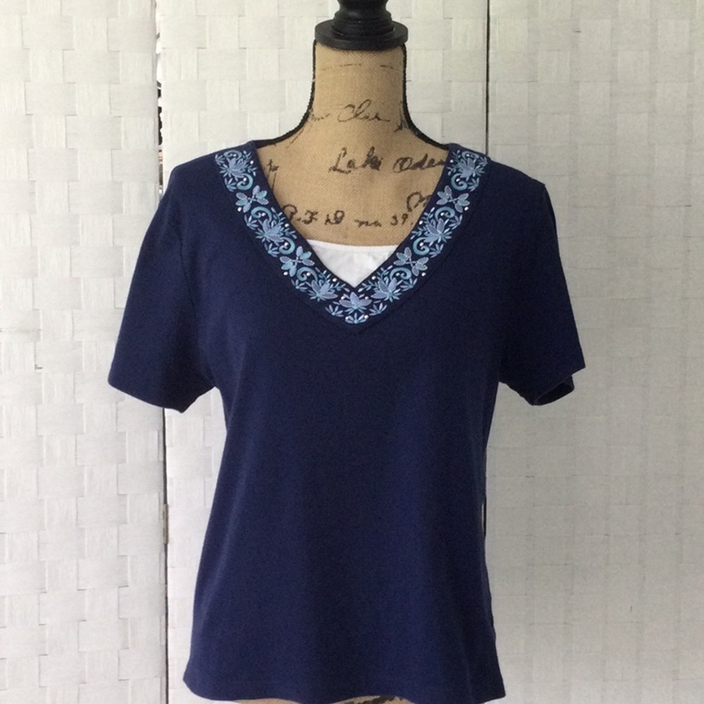 Karen Scott Navy V-Neck Embroidered Trim Women's Top
